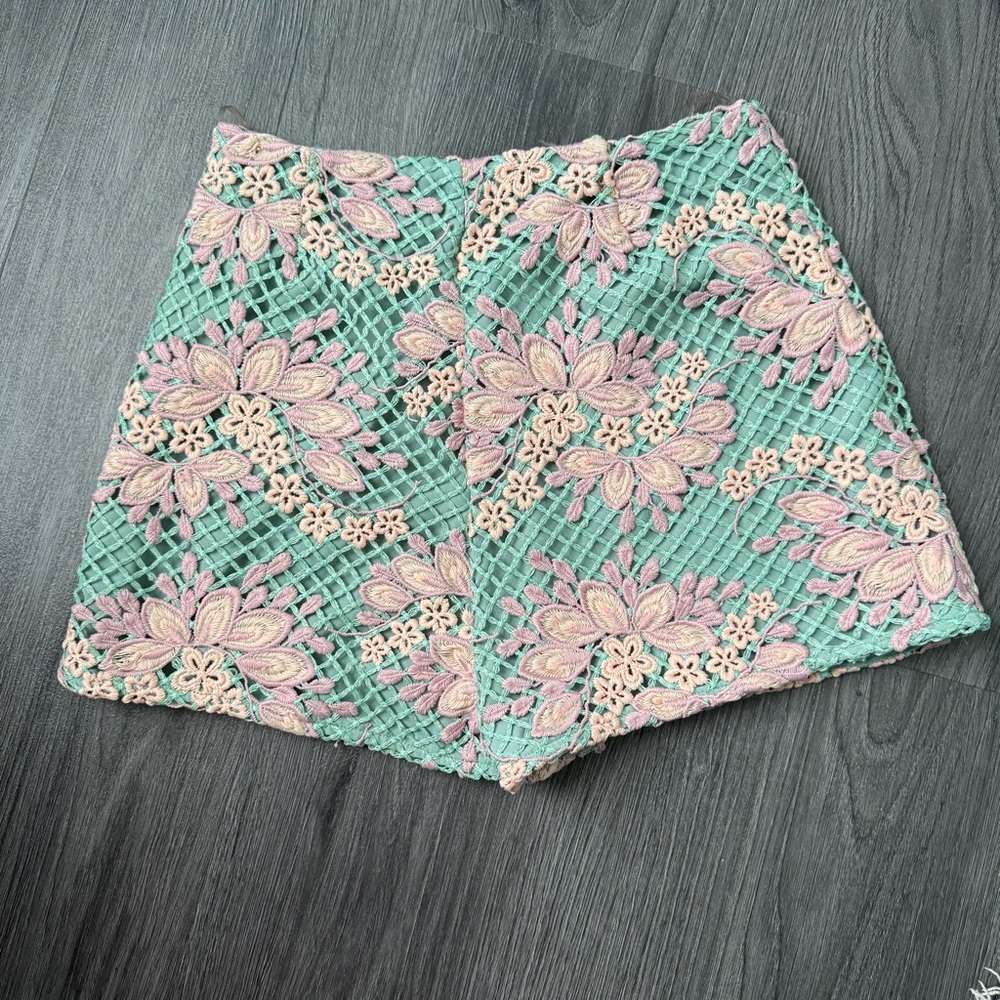 Entro High Waist Floral Embroidered Shorts - Green and Pink